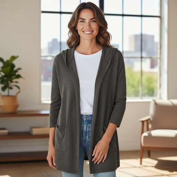 89TH & Madison -NWOT, Open Front Cardigan Sweater W/ Hood Pockets,Long Sleeves, - Picture 2 of 14